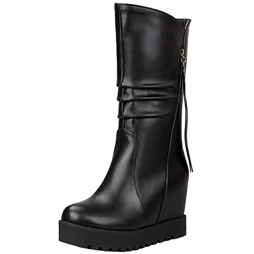 SJJH Damen Casual Lang Stiefel mit Keilabsatz und Runder Spitze (Schwarz, 41 EU) von SJJH