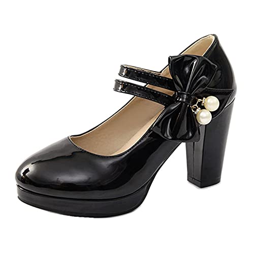 SJJH Damen Dress Bogen Klettverschluss Blockabsatz Pumps (Schwarz, 39 EU) von SJJH