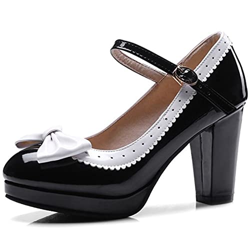 SJJH Damen Elegant Bogen Pumps Blockabsatz Plateau Schuhe (Schwarz, 39 EU) von SJJH