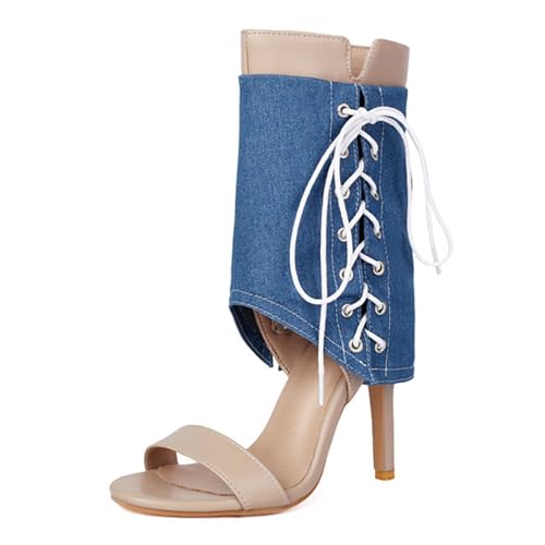 SJJH Damen High Heel Sandaletten mit Jeansstoff | Spitze Absatz Zehenfrei (Aprikose, 41 EU) von SJJH