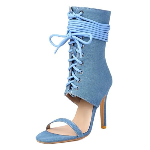 SJJH Damen High Heels mit Open Toe | 10.5cm Absatz mit Schnürung (Blau, 37 EU) von SJJH