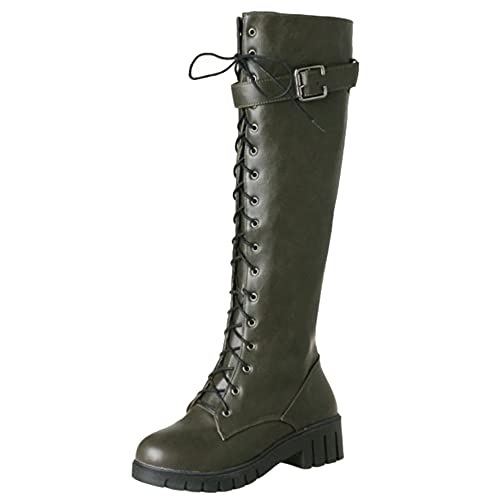 SJJH Damen Kniehohe Stiefel mit Schnürung und klobigem Absatz (Grün, 38 EU) von SJJH