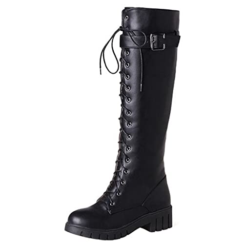 SJJH Damen Kniehohe Stiefel mit Schnürung und klobigem Absatz (Schwarz, 40 EU) von SJJH