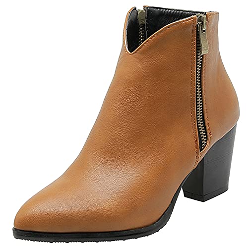 SJJH Damen Knöchelriemchen mit Blockabsatz Spitze Toe Reißverschluss Stiefeletten (Aprikose, 39 EU) von SJJH