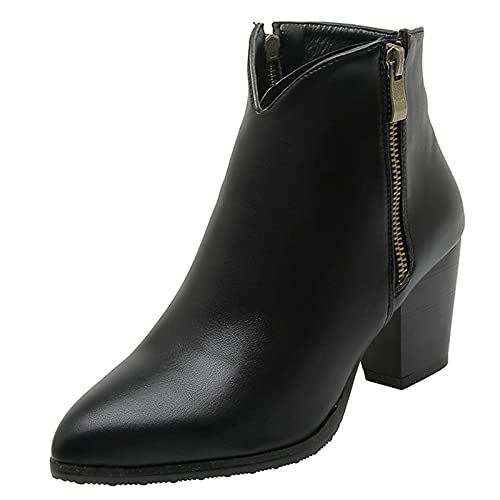 SJJH Damen Knöchelriemchen mit Blockabsatz Spitze Toe Reißverschluss Stiefeletten (Schwarz, 49 EU) von SJJH