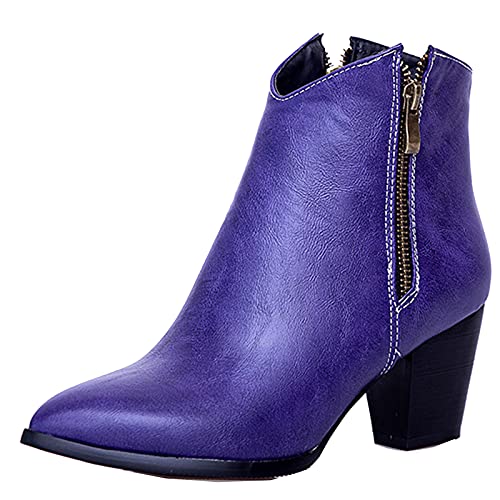 SJJH Damen Knöchelriemchen mit Blockabsatz Spitze Toe Reißverschluss Stiefeletten (Violett, 36 EU) von SJJH