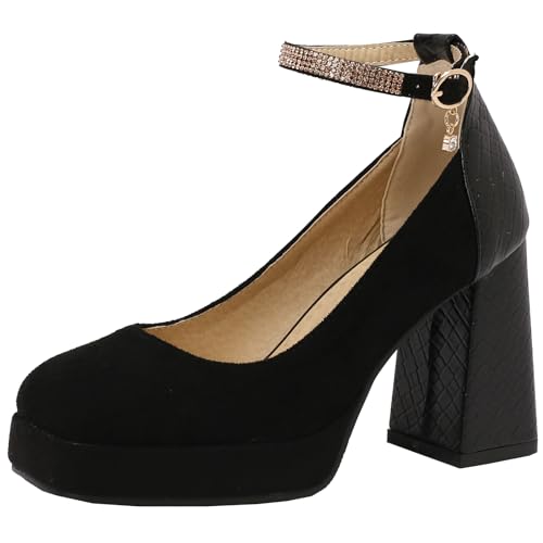 SJJH Damen Plateau Pumps mit Knöchelriemen und Hohen Blockabsätzen (Schwarz, 44) von SJJH