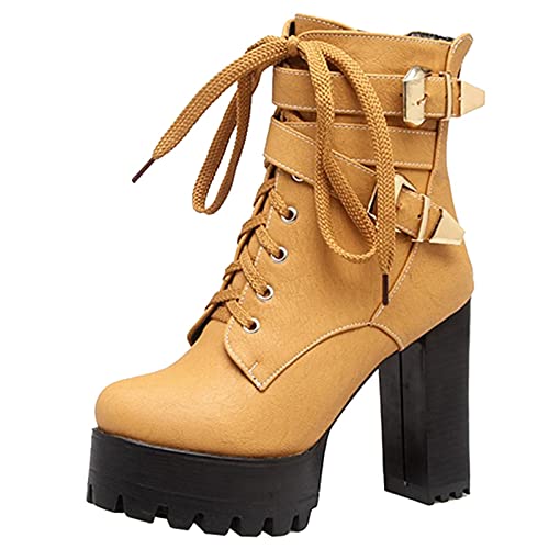 SJJH Damen Plateau Stiefeletten mit hohem Blockabsatz und Niete (Khaki, 38 EU) von SJJH