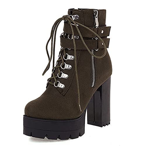 SJJH Damen Plateau Stiefeletten mit hohem Blockabsatz und Niete (Matt Grün, 44 EU) von SJJH