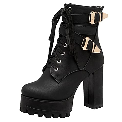 SJJH Damen Plateau Stiefeletten mit hohem Blockabsatz und Niete (Schwarz, 38 EU) von SJJH