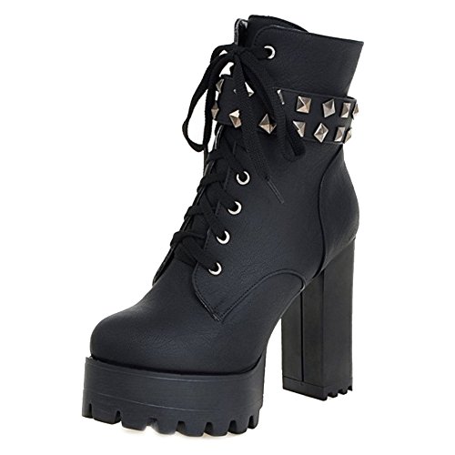 SJJH Damen Plateau Stiefeletten mit hohem Blockabsatz und Niete (Schwarz, 43 EU) von SJJH