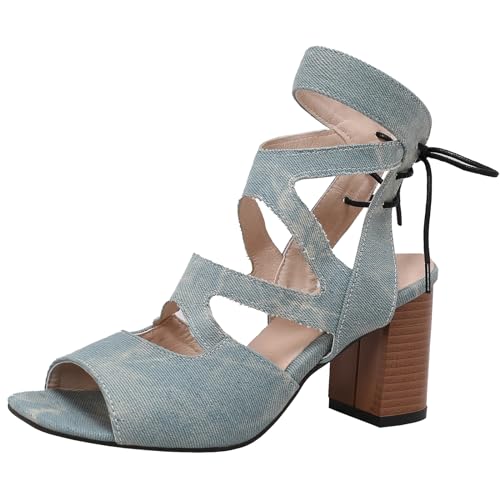 SJJH Damen Römische Sandalen mit Blockabsatz und Peep Toe - Back Lace-up Heels (Blau, 34) von SJJH