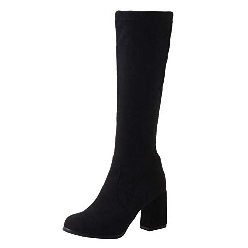 SJJH Damen Schlüpfen Langschaft Stiefel mit Mittlerer Klobiger Absatz (Schwarz, 38EU) von SJJH