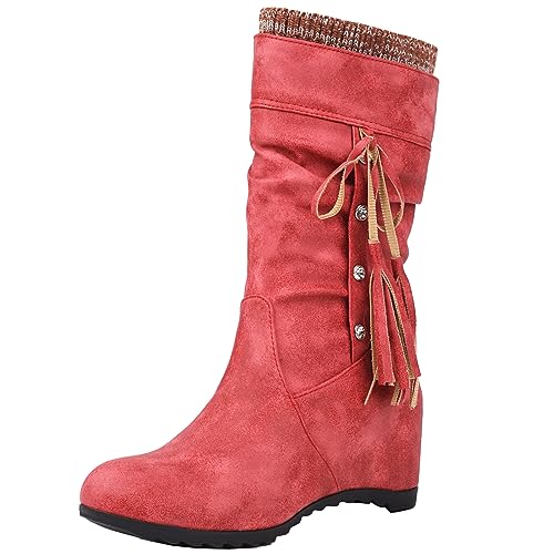 SJJH Damen Slimouch Boots mit Keilabsatz und Slip-on-Stiefeln (Rot,42) von SJJH