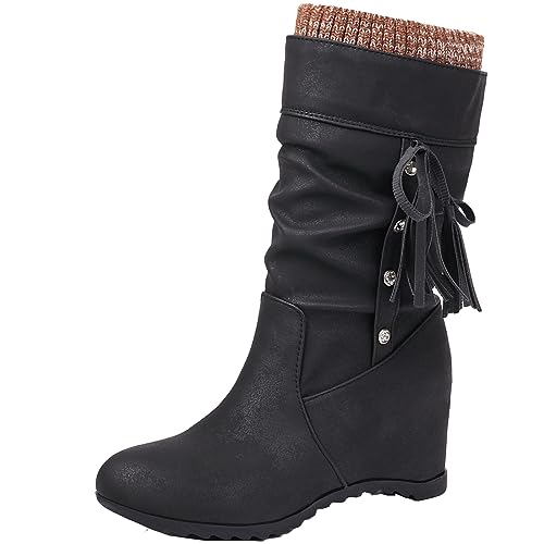 SJJH Damen Slimouch Boots mit Keilabsatz und Slip-on-Stiefeln (Schwarz,34) von SJJH
