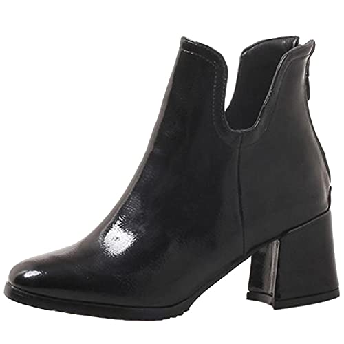 SJJH Damen Stiefeletten aus glänzendem Leder mit Blockabsatz (Schwarz, 43 EU) von SJJH