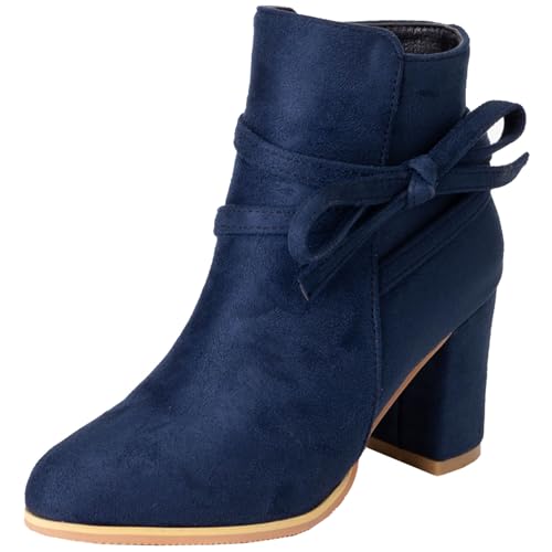 SJJH Damen Stiefeletten mit Blockabsatz und süßer Fliege (Dunkelblau, 38 EU) von SJJH