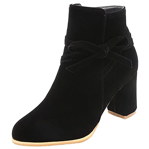 SJJH Damen Stiefeletten mit Blockabsatz und süßer Fliege (Schwarz, 38 EU) von SJJH