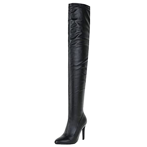 SJJH Damen Stretch Overknee Stiefel mit Stiletto-Absatz und spitzer Zehenpartie (Pu Schwarz, 36 EU) von SJJH