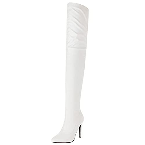 SJJH Damen Stretch Overknee Stiefel mit Stiletto-Absatz und spitzer Zehenpartie (Pu Weiß, 38 EU) von SJJH