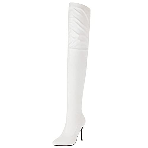 SJJH Damen Stretch Overknee Stiefel mit Stiletto-Absatz und spitzer Zehenpartie (Pu Weiß, 41 EU) von SJJH