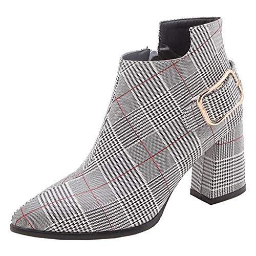 SJJH Damen karierte Stiefeletten mit spitzer Zehenpartie und Blockabsatz (Rot, 38 EU) von SJJH