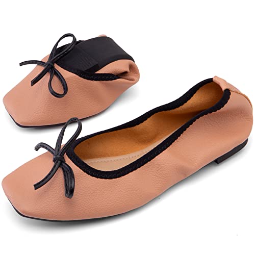SJJH Damen weiche Faltbare Flache Schuhe mit quadratischer Zehe und Schleifen (Braun,40) von SJJH