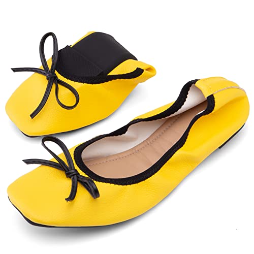 SJJH Damen weiche Faltbare Flache Schuhe mit quadratischer Zehe und Schleifen (Gelb,40) von SJJH