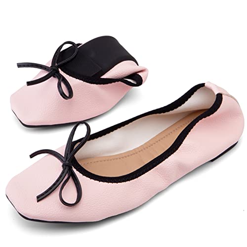 SJJH Damen weiche Faltbare Flache Schuhe mit quadratischer Zehe und Schleifen (Rosa,39) von SJJH