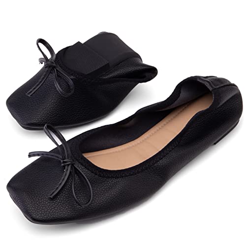 SJJH Damen weiche Faltbare Flache Schuhe mit quadratischer Zehe und Schleifen (Schwarz,39) von SJJH