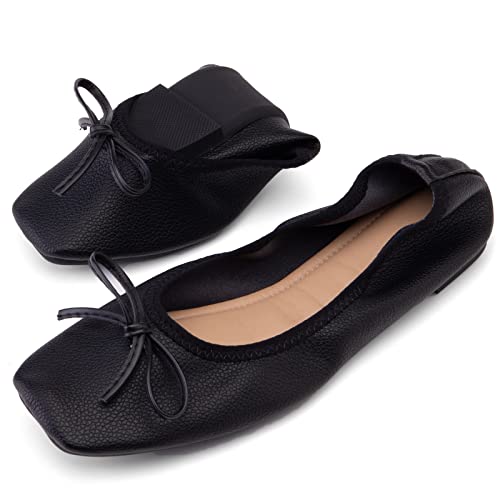 SJJH Damen weiche Faltbare Flache Schuhe mit quadratischer Zehe und Schleifen (Schwarz,42) von SJJH