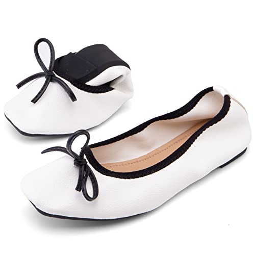 SJJH Damen weiche Faltbare Flache Schuhe mit quadratischer Zehe und Schleifen (Weiß,46) von SJJH