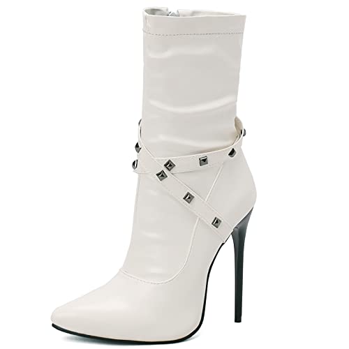 SJJH Elegante Damen Stiefeletten mit Sexy Stilettoabsatz und Spitzer Zehenpartie (Weiß, 39) von SJJH