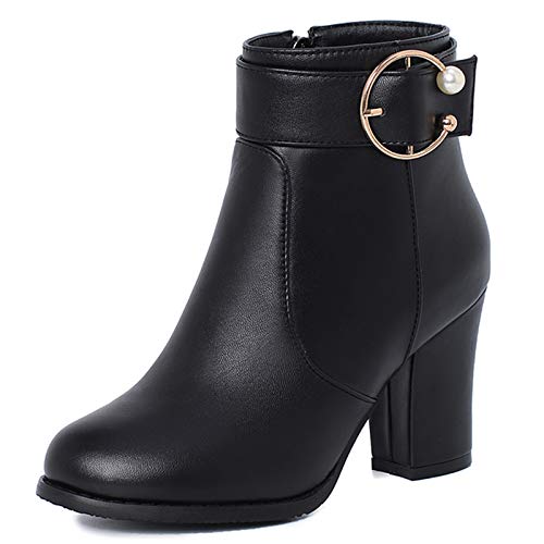 SJJH Elegante Damen Stiefeletten mit klobigem Absatz und Reißverschluss (PU Schwarz, 46EU) von SJJH