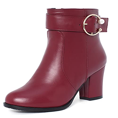 SJJH Elegante Damen Stiefeletten mit klobigem Absatz und Reißverschluss (PU WEINROT, 38EU) von SJJH