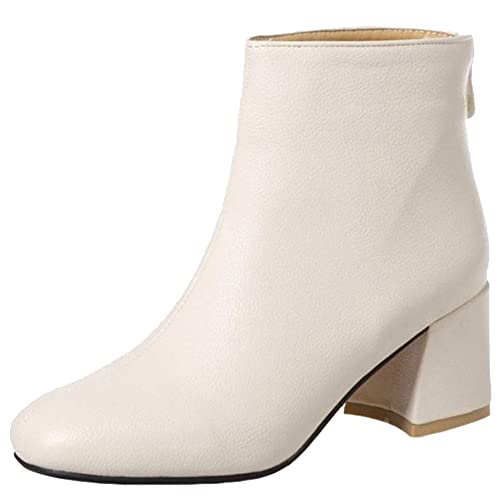 SJJH Fashion Damen Stiefeletten mit Mittelhohem Absatz und Reißverschluss Hinten (Beige, 36 EU) von SJJH