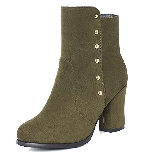 SJJH Komfort-Stiefeletten mit klobigem Absatz und modischen Nieten für Damen (Dunkelgrün, 38EU) von SJJH