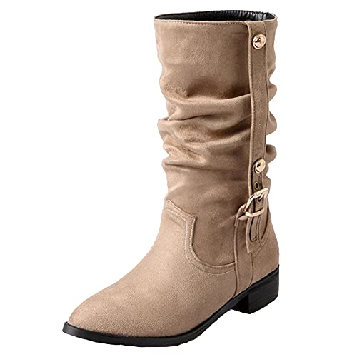 SJJH Lässige Damen Slouch Boots mit Flachem Absatz (Beige, 41 EU) von SJJH