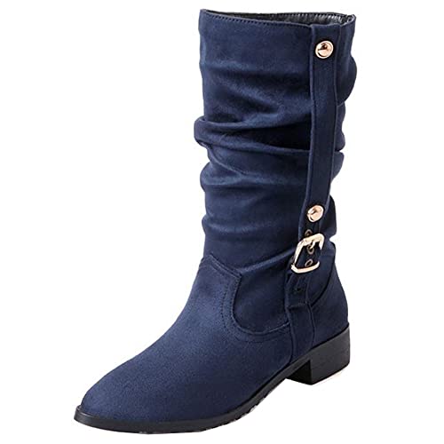 SJJH Lässige Damen Slouch Boots mit Flachem Absatz (Blau, 35 EU) von SJJH