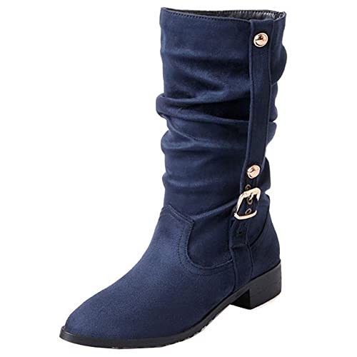 SJJH Lässige Damen Slouch Boots mit Flachem Absatz (Blau, 45 EU) von SJJH