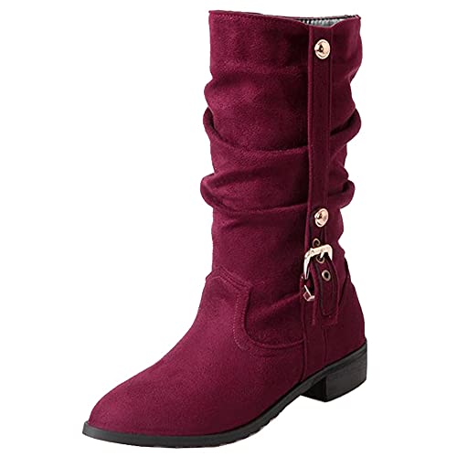 SJJH Lässige Damen Slouch Boots mit Flachem Absatz (Rotwein, 46 EU) von SJJH