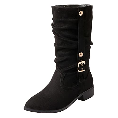 SJJH Lässige Damen Slouch Boots mit Flachem Absatz (Schwarz, 43 EU) von SJJH
