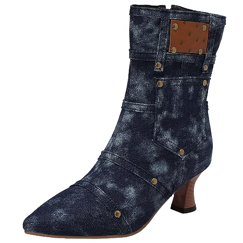 SJJH Mode Damen Jeans-Stiefeletten mit Spitzer Zehenpartie und Ausgestellten Absätzen (Dunkelblau, 38) von SJJH