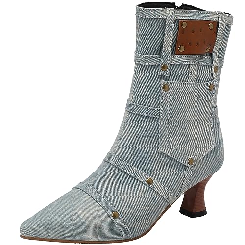 SJJH Mode Damen Jeans-Stiefeletten mit Spitzer Zehenpartie und Ausgestellten Absätzen (Hellblau, 45) von SJJH