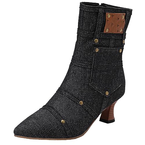 SJJH Mode Damen Jeans-Stiefeletten mit Spitzer Zehenpartie und Ausgestellten Absätzen (Schwarz, 38) von SJJH