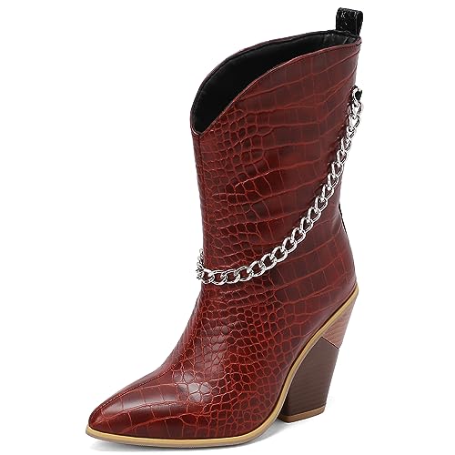 SJJH Mode Damen Slip-on Cowboy Stiefel mit Keilabsatz und Spitzer Zehenpartie (Weinrot, 41) von SJJH