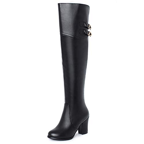 SJJH Overknee-Stiefel mit Chunky Heel für Damen (Pu Schwarz, 37EU) von SJJH