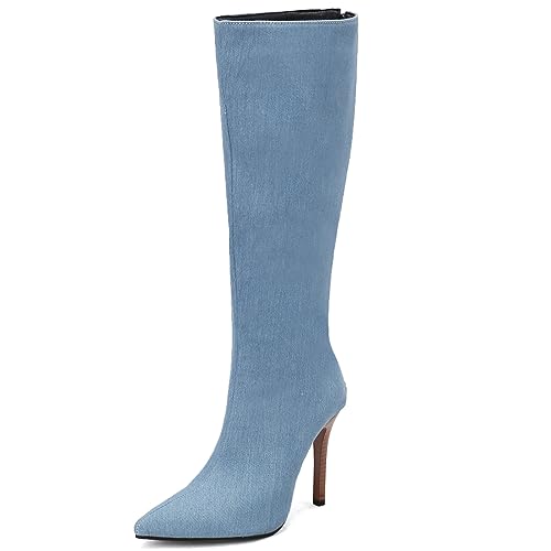 SJJH Sexy Damen Elegante kniehohe Stiefel mit Spitzer Spitze und Stilettos (Blau, 38) von SJJH