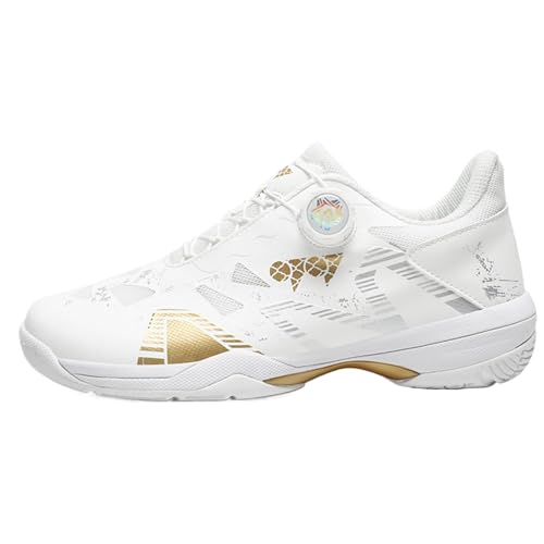 SJJH Unisex Badminton Tennis Schuhe - Atmungsaktive Mesh-Schuhe mit Dämpfungssystem, rutschfeste Sohle für Sport und Freizeit (Weiß Gold, 45 EU) von SJJH