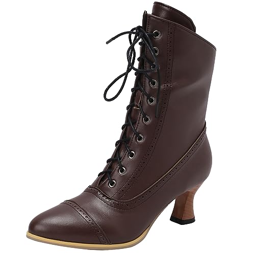 SJJH Vintage Damen Stiefeletten mit Spitzer Zehenpartie und Kegelförmigen Absätzen (Braun, 38) von SJJH